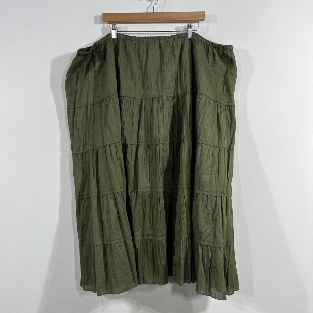 Ellos Renfair Boho Cottagecore Olive Tiered Cotton Maxi Skirt 34W Boho Crinkle